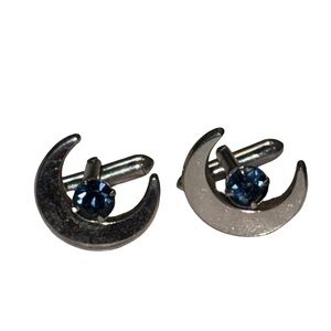 Like New Swank Silver Tone Crescent Moon Cufflinks with Blue Gem